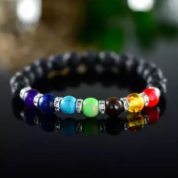 10mm Black Lava Rock 7 Charkra Stone Bead Stretch Bracelet - Picture 2 of 4